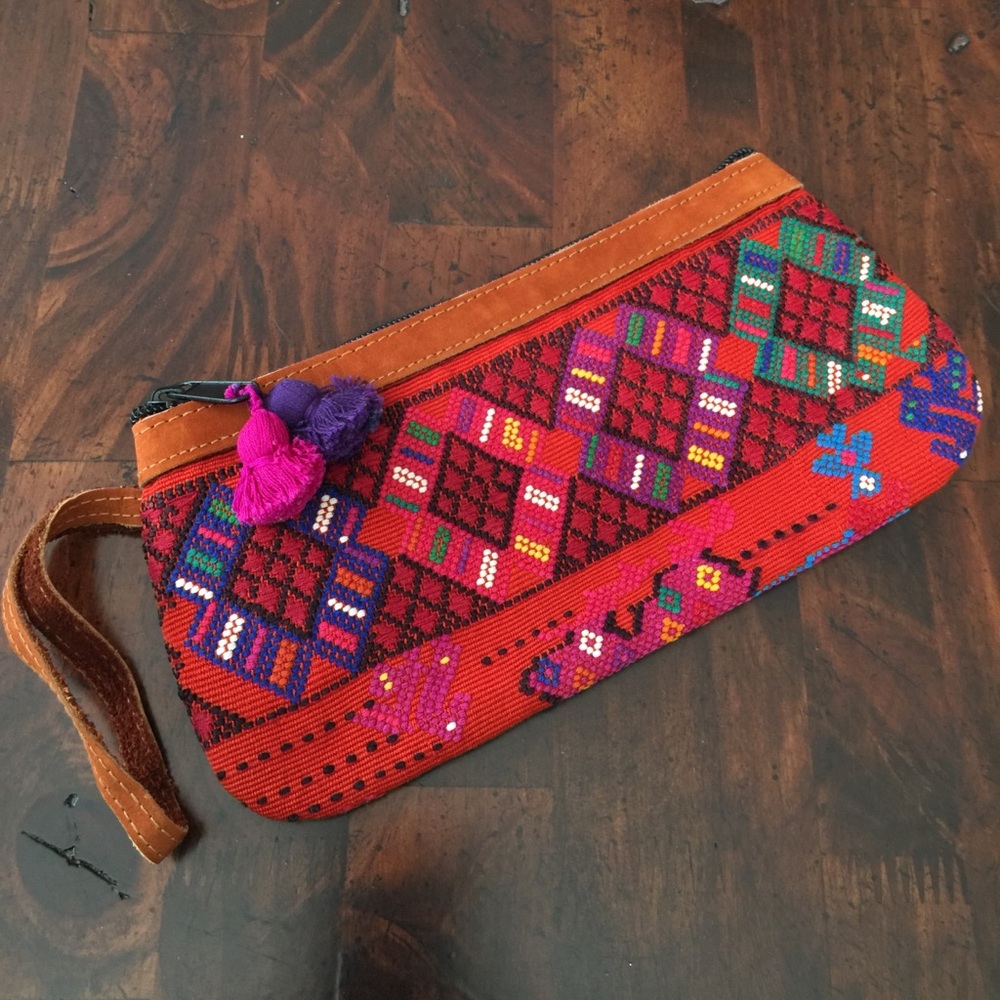 Huipil Clutch Wristlet bag purse pompom nena